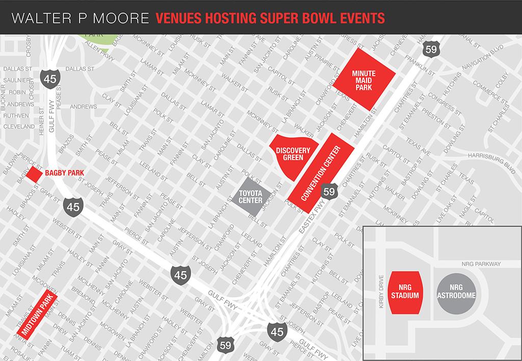Walter P Moore venues hosting Super Bowl LI events